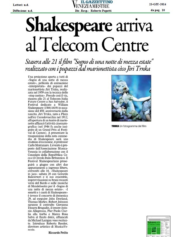 Shakespeare arriva al Telecom Centre Il Gazzettino 23 06 ok